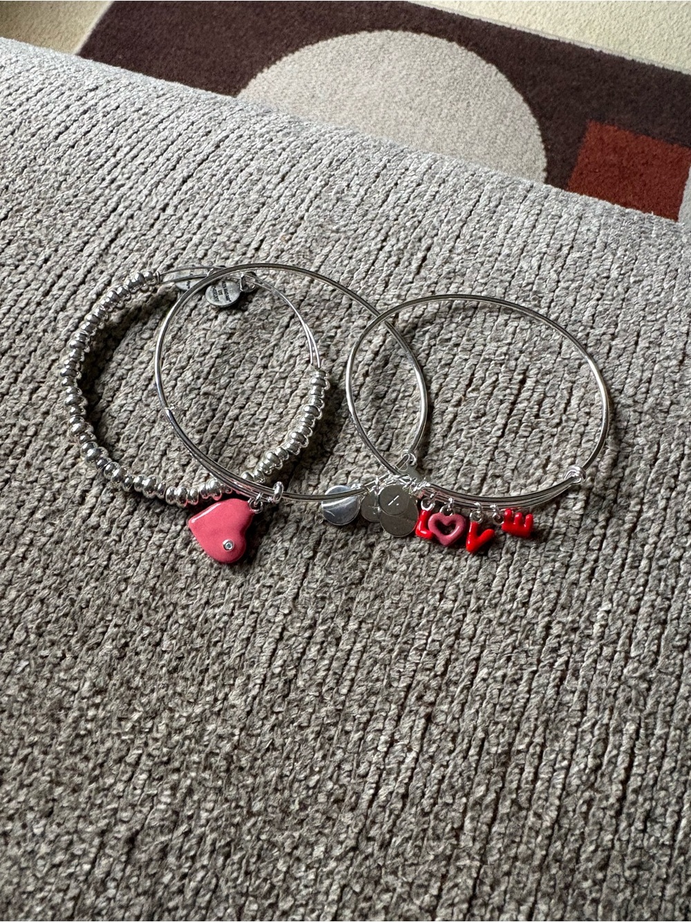 Alex and Ani Silver Tone Bangle Set with Red Heart and LOVE Charms